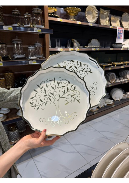 SK417BAA-DUKA 2'li Hayat Ağacı Desenli Tepsi Seti - Büyük 38 cm Küçük 32 cm - Cam, Akrilik, Ahşap