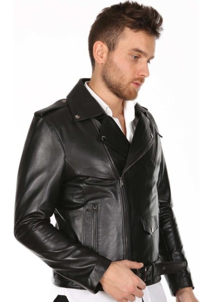 Hakiki Deri Siyah Erkek Deri Mont Belden Kemerli Üç Cepli