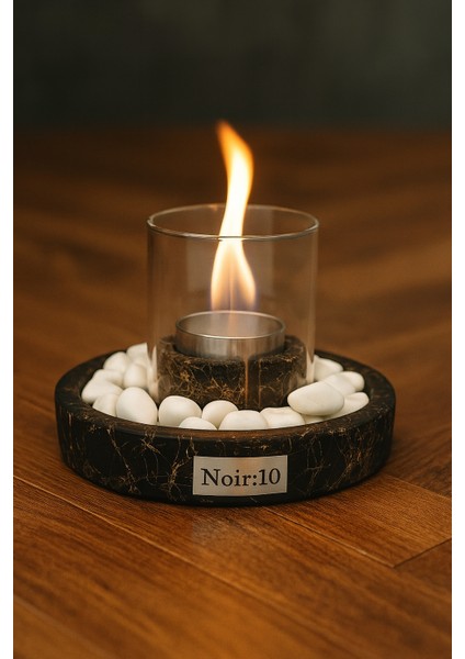 Mermer Desenli Camlı Masa Üstü Şömine – Beyaz Taşlı & Biyoetanol Yakıtlı