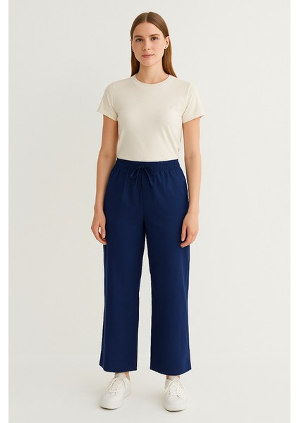 Bağcık Detaylı Bol Paça Beli Lastikli Keten Pantolon