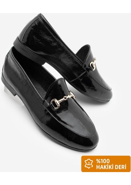 Kadın Hakiki Deri Zincirli Loafer Günlük Ayakkabı Tanle Siyah Rugan