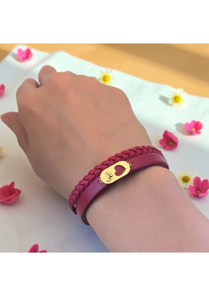 14 Ayar Plakalı Altın Hz Ali Temalı Doğal Bordo Derili Kalp Figürlü Hediye BILEKLIK-559SEMBOL