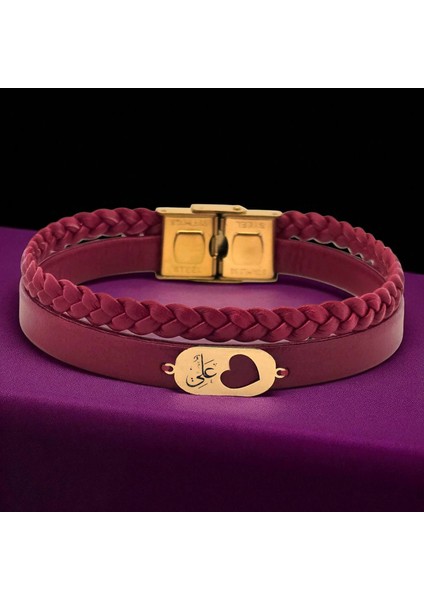 14 Ayar Plakalı Altın Hz Ali Temalı Doğal Bordo Derili Kalp Figürlü Hediye BILEKLIK-559SEMBOL fiyatları