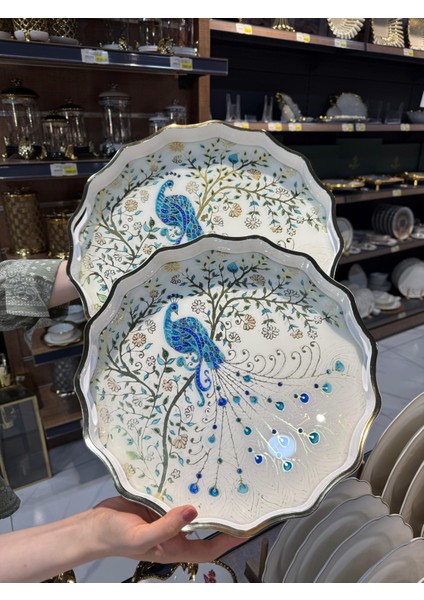 403BAA-DUKA 2'li Tavus Kuşu Desenli Tepsi Seti - Büyük 38 cm Küçük 32 cm - Cam, Akrilik, Ahşap