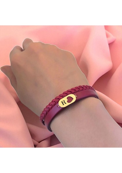 Altın Plakalı 14 Ayar R Harfine Özel Doğal Bordo Derili Kalp Figürlü Hediye BILEKLIK-559HARF