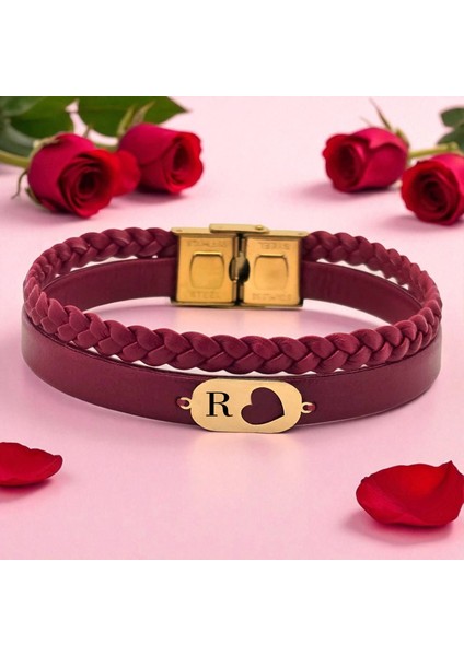 Altın Plakalı 14 Ayar R Harfine Özel Doğal Bordo Derili Kalp Figürlü Hediye BILEKLIK-559HARF fiyatları
