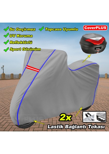 Yamaha X-Max 400 Abs Arka Çanta Uyumlu Branda Gri Mavi-Dikişli Reflektörlü Motosiket Brandası Motor Örtüsü Çadır Su Geçirmez Motosiklet Kılıfı Motor Brandası