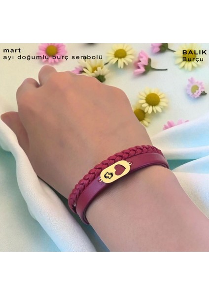 14 Ayar Altın Plakalı Balık Burçları Için Doğal Bordo Derili Kalp Figürlü Hediye BILEKLIK-559BURÇ