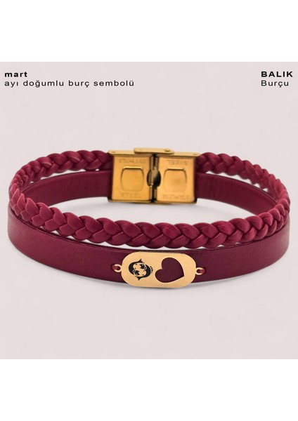 14 Ayar Altın Plakalı Balık Burçları Için Doğal Bordo Derili Kalp Figürlü Hediye BILEKLIK-559BURÇ fiyatları