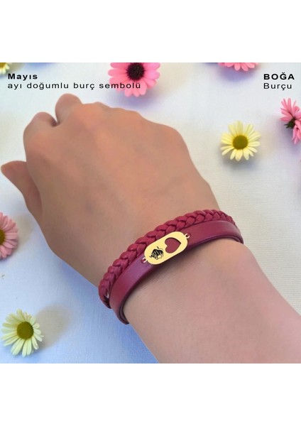Altın Plakalı 14 Ayar Boğa Burçları Için Doğal Bordo Derili Kalp Figürlü Hediye BILEKLIK-559BURÇ