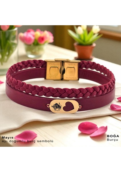 Altın Plakalı 14 Ayar Boğa Burçları Için Doğal Bordo Derili Kalp Figürlü Hediye BILEKLIK-559BURÇ fiyatları