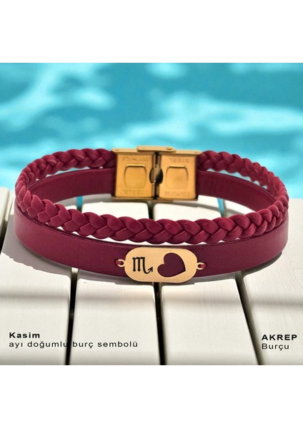 14 Ayar Plakalı Altın Kasım Ayı Doğumlarına Doğal Bordo Derili Kalp Figürlü Hediye BILEKLIK-559AY fiyatları
