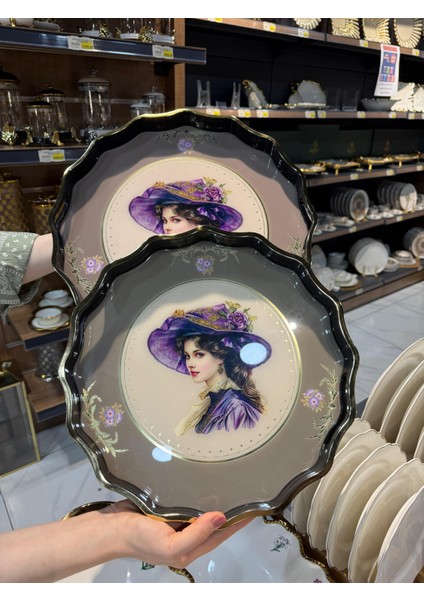 SK424SAA-DUKA 2'li Vintage Desenli Tepsi Seti - Büyük 38 cm Küçük 32 cm - Cam, Akrilik, Ahşap