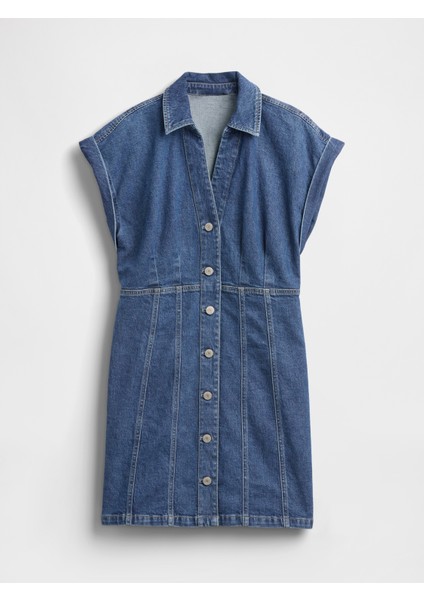 Kadın Mavi Denim Seamed Mini Elbise fiyatları