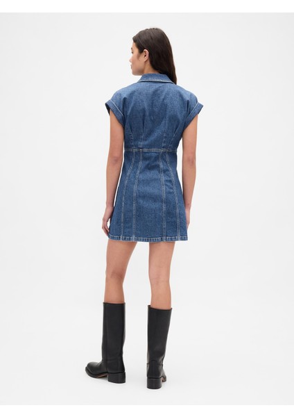 Kadın Mavi Denim Seamed Mini Elbise indirimleri