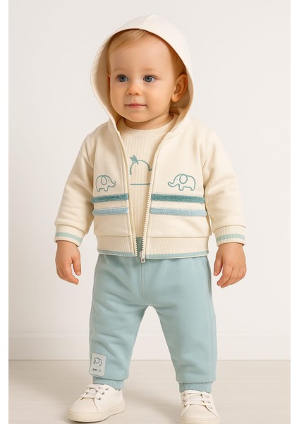 Erkek Bebek Fil Baskılı Kapüşonlu Hırkalı 3'lü Takım
