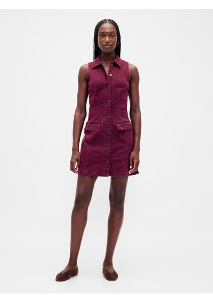 Kadın Bordo Denim Yaka Shift Mini Elbise