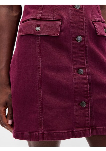 Kadın Bordo Denim Yaka Shift Mini Elbise fiyatları