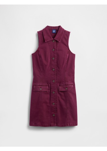 Kadın Bordo Denim Yaka Shift Mini Elbise modelleri