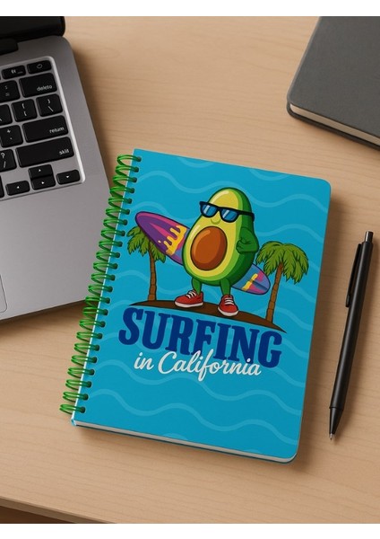 Surfing In California Temalı Spiralli Kareli Defter – 80 Yaprak, 160 Sayfa (18 x 24 Cm)