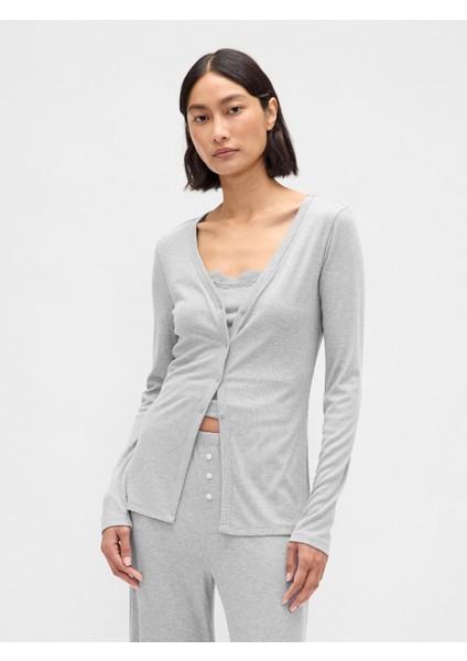 Kadın Gri Mini Rib Pj Hırka