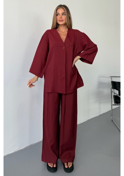 Vena Kadın Cupra Tek Düğme Kimono & Pantolon Bordo Takım – Yazlık Konforlu Şıklık ve Modern Kesim