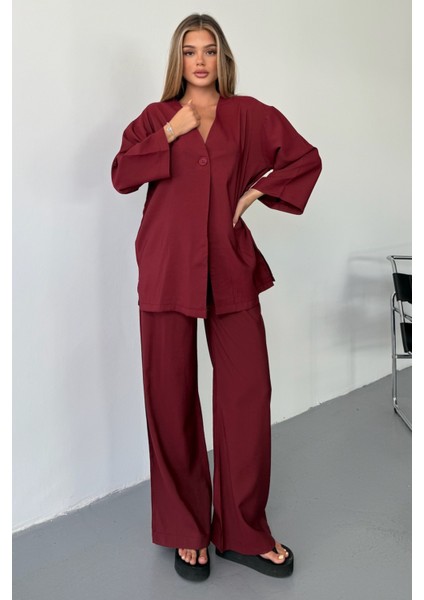 Vena Kadın Cupra Tek Düğme Kimono & Pantolon Bordo Takım – Yazlık Konforlu Şıklık ve Modern Kesim fiyatları