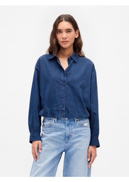 Kadın Mavi Bubble Hem Gömlek