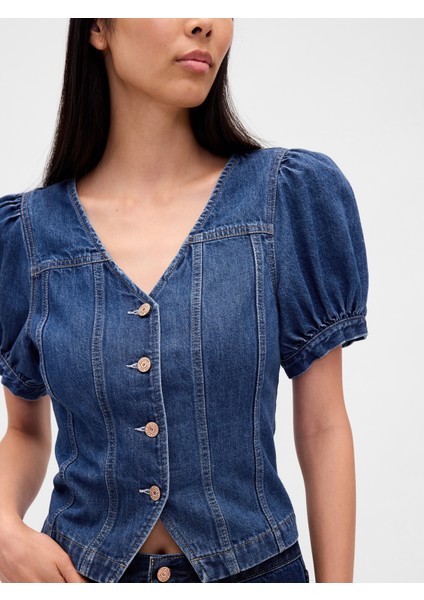Kadın Koyu Mavi Denim Puff-Sleeve Seamed Üst modelleri