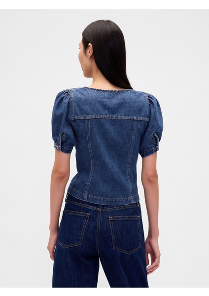Kadın Koyu Mavi Denim Puff-Sleeve Seamed Üst fırsatları