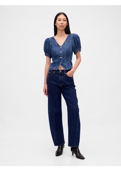 Kadın Koyu Mavi Denim Puff-Sleeve Seamed Üst indirimleri