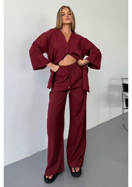 Vena Kadın Cupra Tek Düğme Kimono & Pantolon Bordo Takım – Yazlık Konforlu Şıklık ve Modern Kesim modelleri