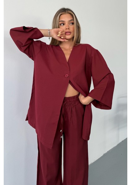 Vena Kadın Cupra Tek Düğme Kimono & Pantolon Bordo Takım – Yazlık Konforlu Şıklık ve Modern Kesim fırsatları