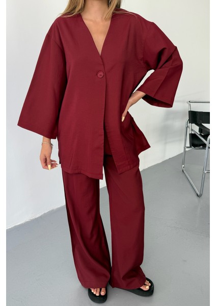 Vena Kadın Cupra Tek Düğme Kimono & Pantolon Bordo Takım – Yazlık Konforlu Şıklık ve Modern Kesim indirimleri