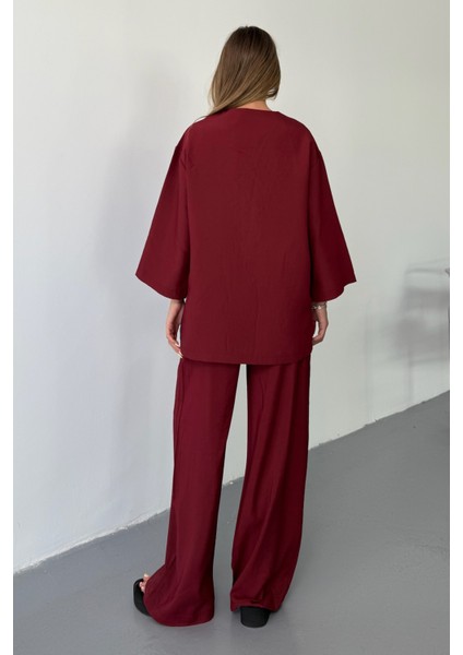 Vena Kadın Cupra Tek Düğme Kimono & Pantolon Bordo Takım – Yazlık Konforlu Şıklık ve Modern Kesim