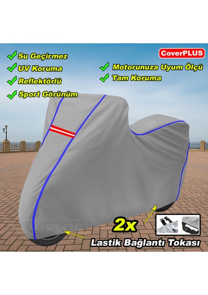 Yuki YB50QT-3 Casper Branda Gri Mavi-Dikişli Reflektörlü Motosiket Brandası Motor Örtüsü Çadır Su Geçirmez Motosiklet Kılıfı Motor Brandası