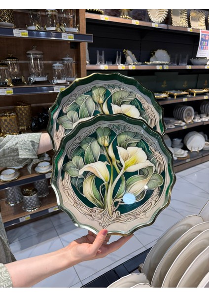 407BAA-DUKA 2'li Yeşil Çiçek Desenli Tepsi Seti - Büyük 38 cm Küçük 32 cm - Cam, Akrilik, Ahşap