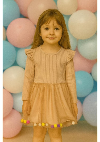 Kız Çocuk Ponponlu Elbise Tüllü Okul Kreş Anaokul Ilkokul