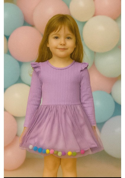 Kız Çocuk Ponponlu Elbise Tüllü Okul Kreş Anaokul Ilkokul