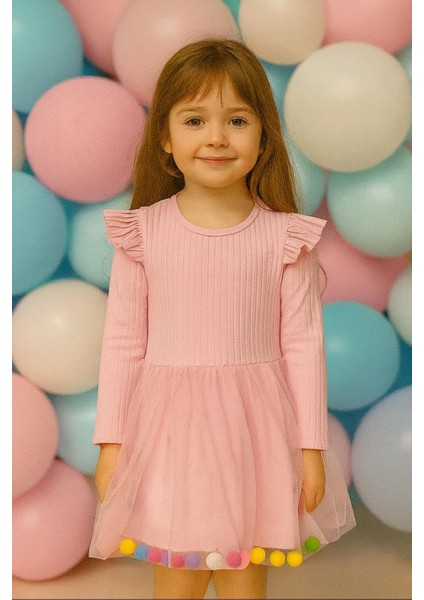 Kız Çocuk Ponponlu Elbise Tüllü Okul Kreş Anaokul Ilkokul