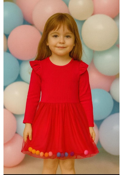 Kız Çocuk Ponponlu Elbise Tüllü Okul Kreş Anaokul Ilkokul