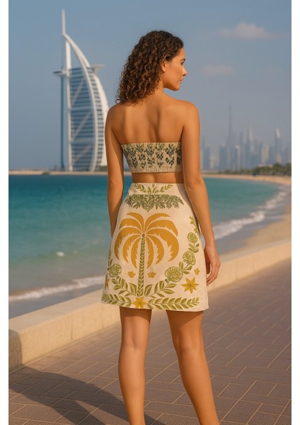 Düşük Bel Yazlık Şort Tropikal Bitki ve Hindistan Cevizi Ağacı Baskılı Tatil Seti modelleri