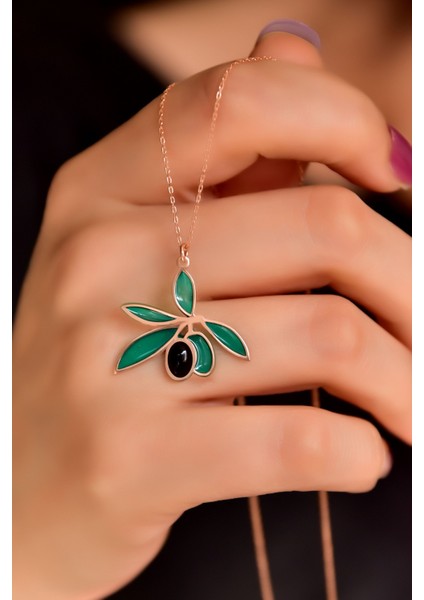 925 Ayar Gümüş Rose Kaplama Oniks Taşlı Zeytin Dalı Kolye