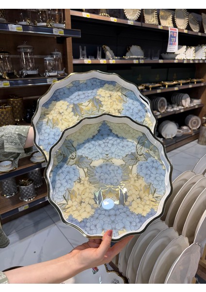 402BAA-DUKA 2'li Mavi Çiçek Desenli Tepsi Seti - Büyük 38 cm Küçük 32 cm - Cam, Akrilik, Ahşap