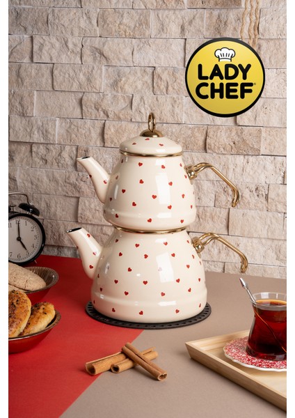 Kalp Desenli Emaye Çaydanlık Takımı Krem