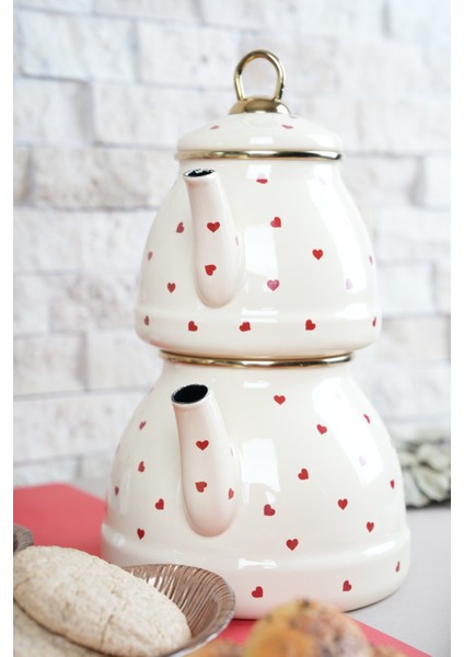 Kalp Desenli Emaye Çaydanlık Takımı Krem fiyatları