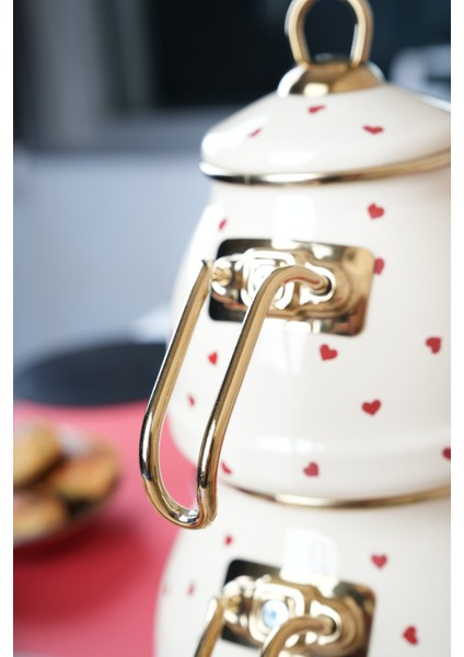 Kalp Desenli Emaye Çaydanlık Takımı Krem indirimleri