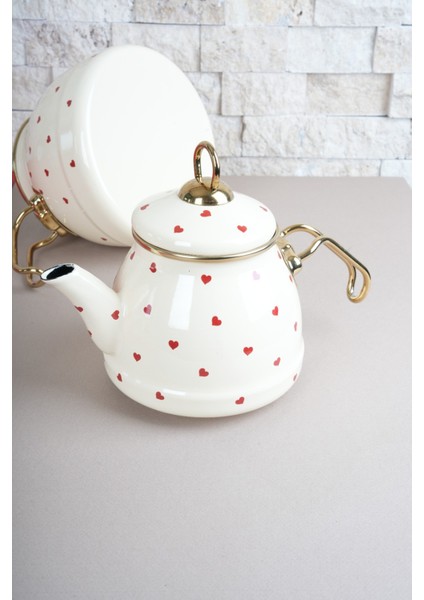 Kalp Desenli Emaye Çaydanlık Takımı Krem