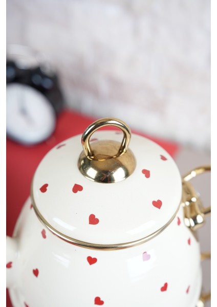 Kalp Desenli Emaye Çaydanlık Takımı Krem