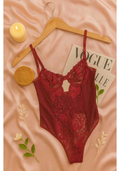 Kadın Bordo Transparan Tül Dantel Iç Giyim